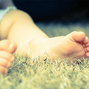 Pies de niño pequeño descalzo sobre césped seco al aire libre.