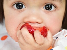 Bebé comiendo una frutilla