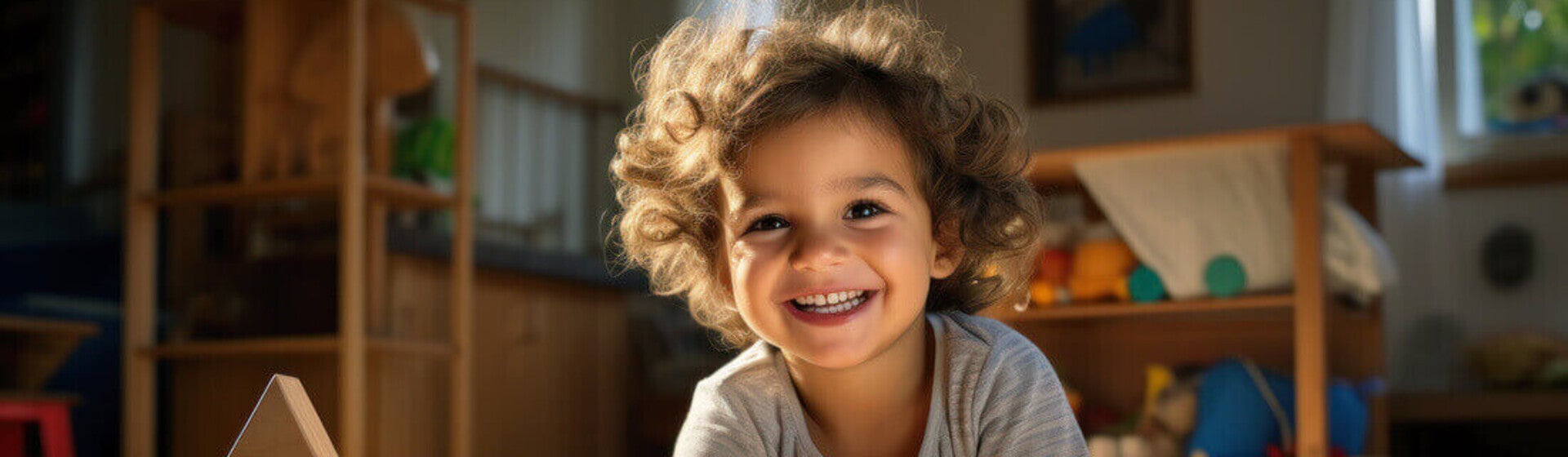 Niño pequeño sentado en el piso, feliz, jugando con bloques de madera. Concepto de desarrollo cognitivo infantil.